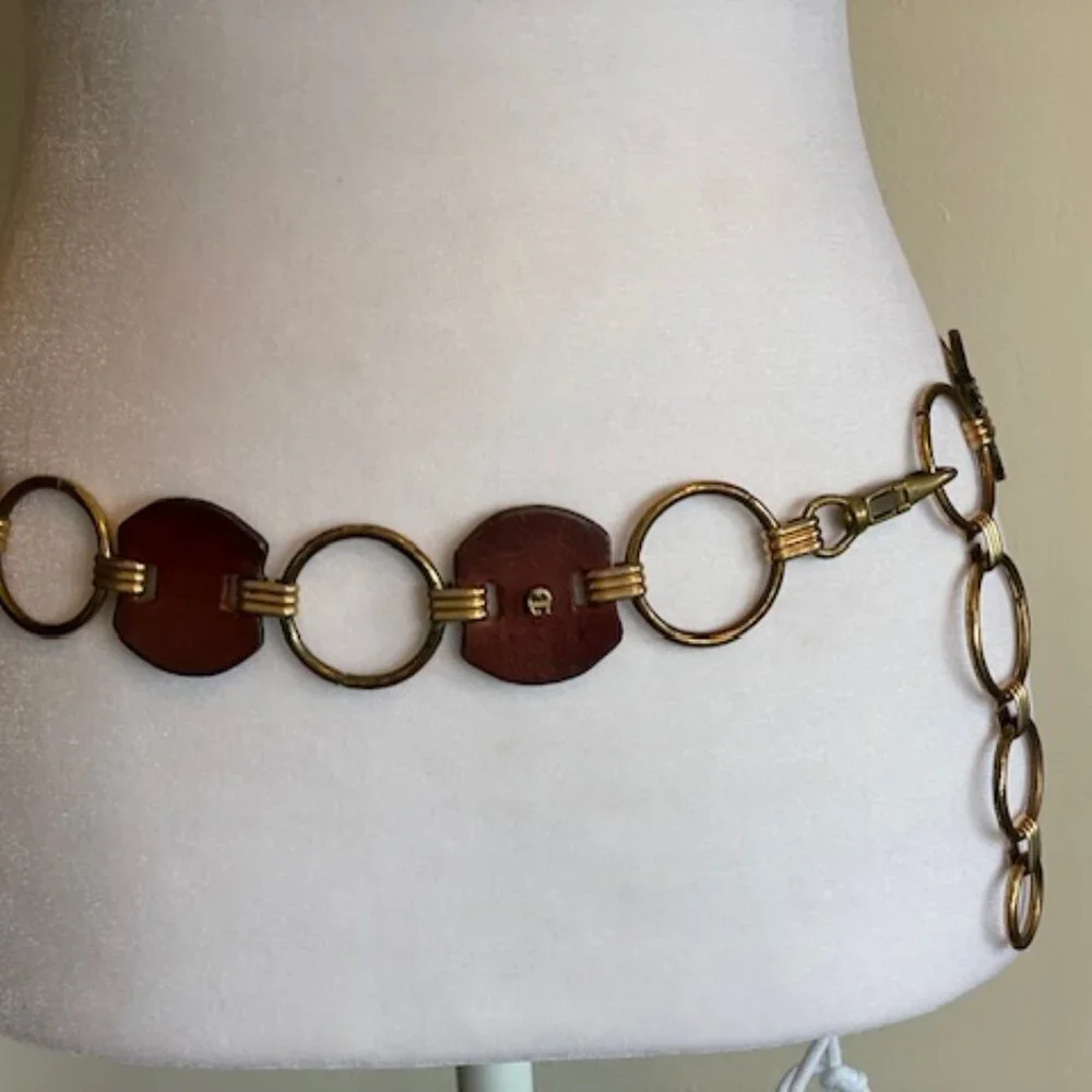 ETIENNE AIGNER Leather Gold Ring Signature Brown Vintage Belt 1515